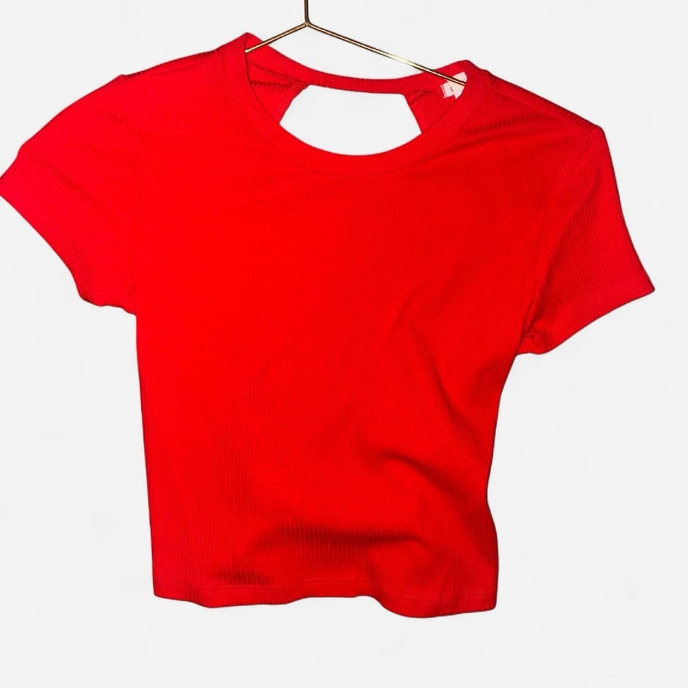Garage Red Ribbed Short Sleeve Crop Tee